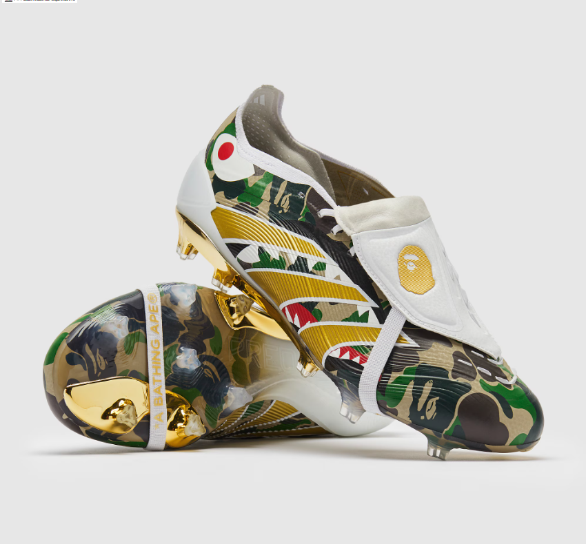 WorldClassCleats Predator Elite FG X BAPE soccer cleats with black and green design, featuring textured upper and firm ground stud configuration.