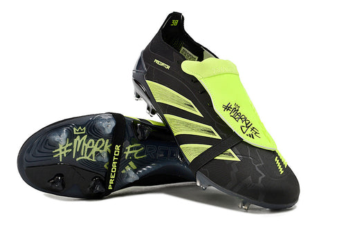 adidas Predator Elite foldover tongue soccer cleats by WorldClassCleats in core black, footwear white, and lucid lemon accents on grass.