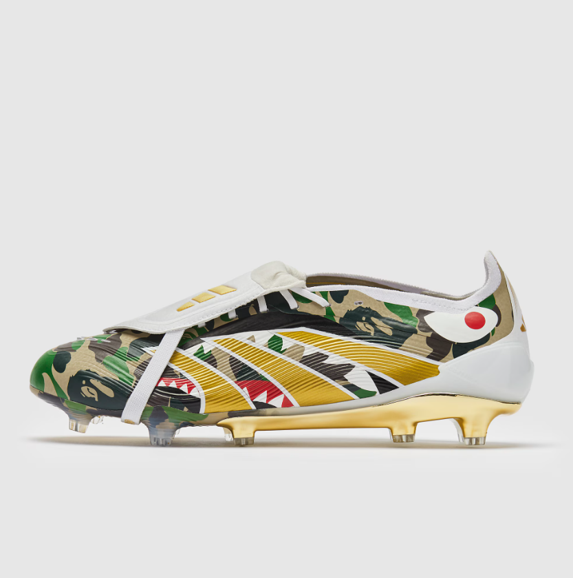 WorldClassCleats Predator Elite FG X BAPE soccer cleats with black and camo design, lightweight and designed for optimal grip on the field.