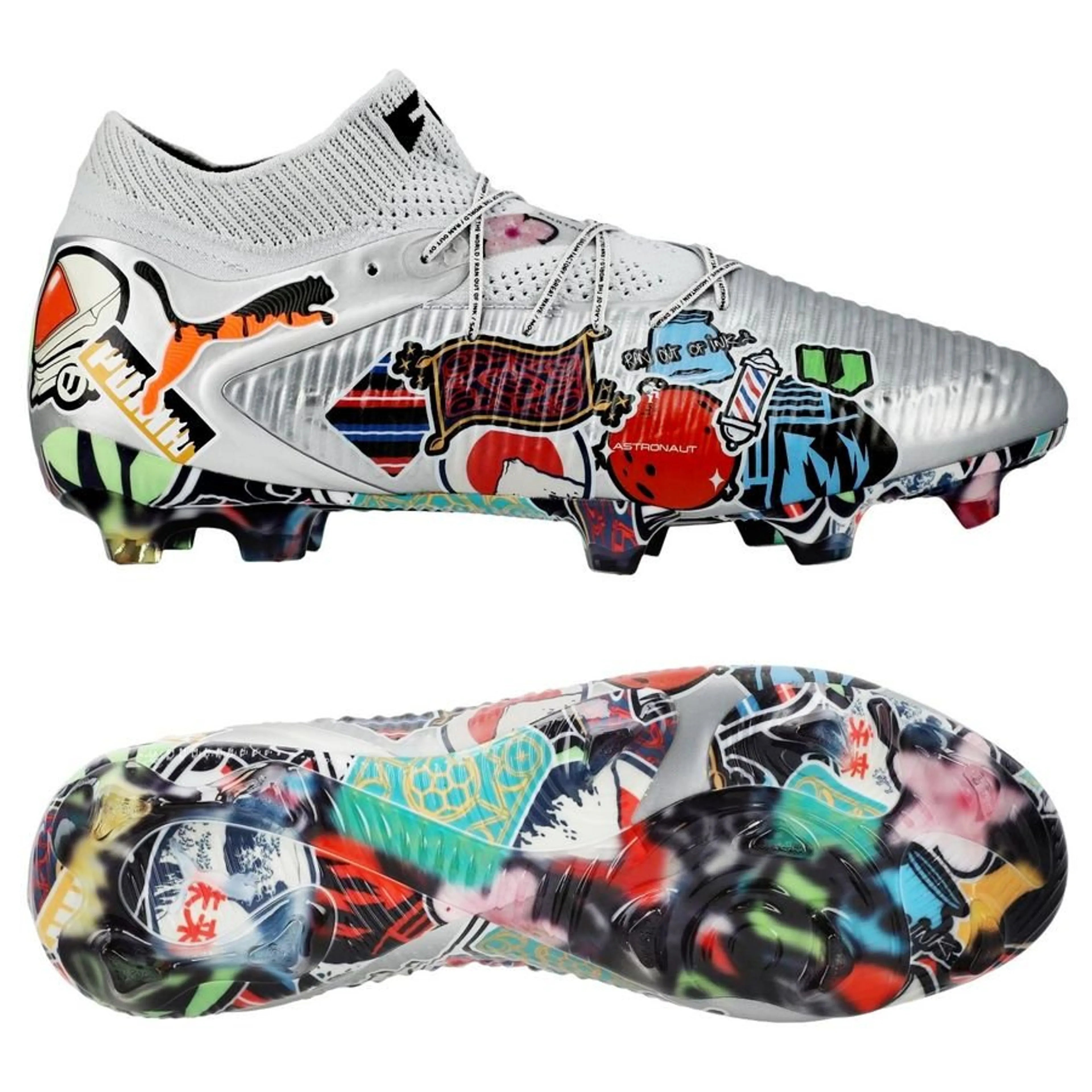 Unisport x PUMA Future 8 Ultimate FG soccer cleats with stickerbomb design in silver, black, red, and ultra blue by WorldClassCleats