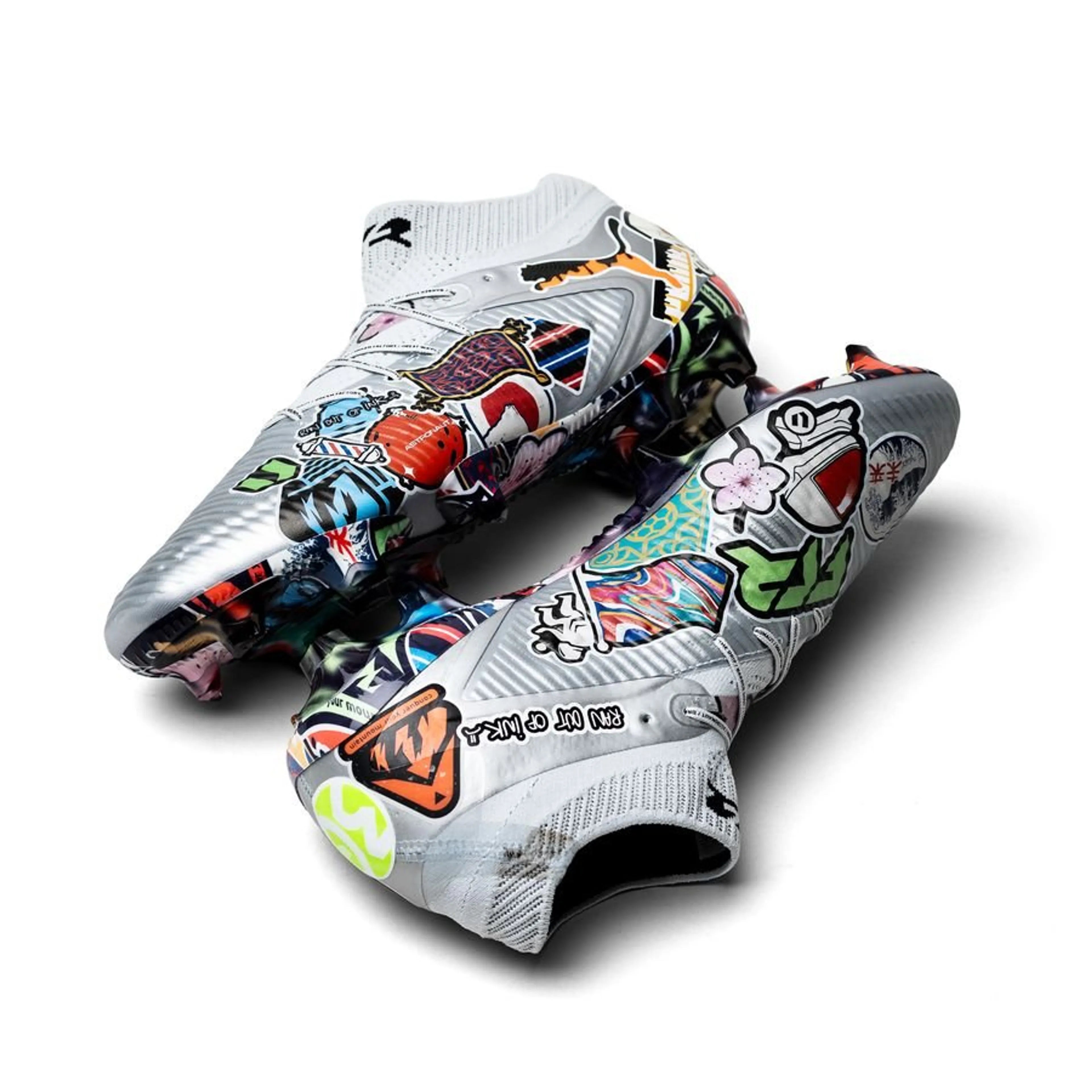 Unisport x PUMA Future 8 Ultimate FG soccer cleats with Stickerbomb design in silver, black, red, and ultra blue by WorldClassCleats