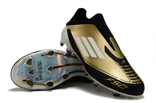 Lionel Messi x adidas F50 Elite laceless soccer cleats in black with white accents, designed for high performance on firm ground.