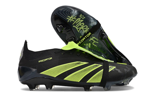 adidas Predator Elite soccer cleats with foldover tongue in core black, white, and lemon, designed for optimal performance on the field