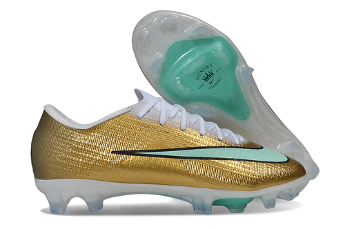 Nike Mercurial Superfly 2026 Kylian Mbappé soccer cleats in gold, white, and mint green with sleek design and textured upper.