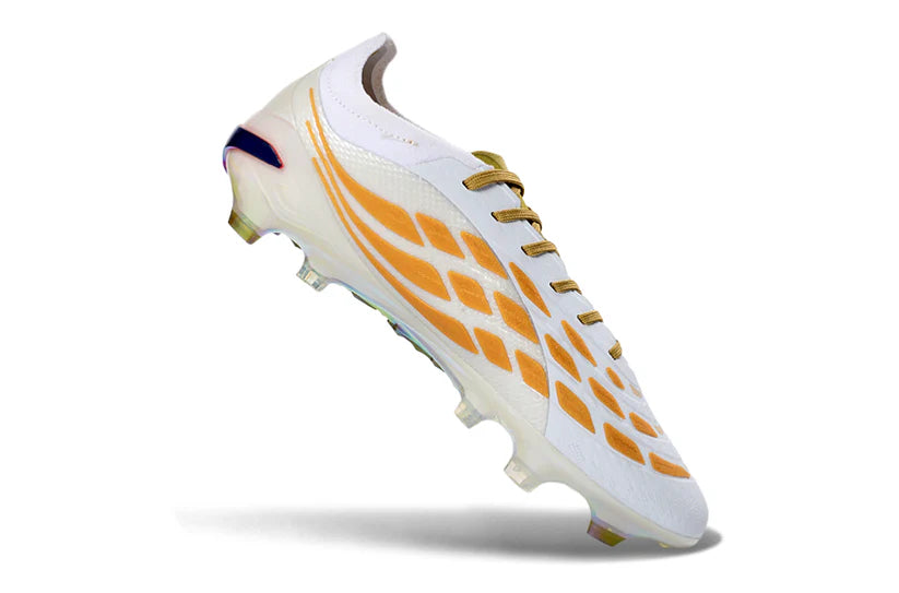 Adidas Predator x Elite FG white and gold soccer cleats with textured upper and firm ground studs for optimal grip on the field