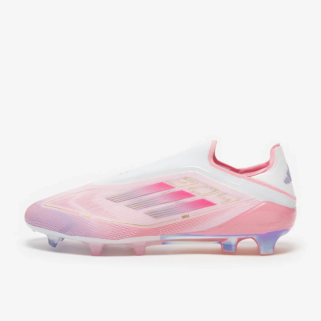Laceless WorldClassCleats F50 Elite FG soccer cleats with lamine Yamal design, featuring sleek black and red accents on a soccer field.