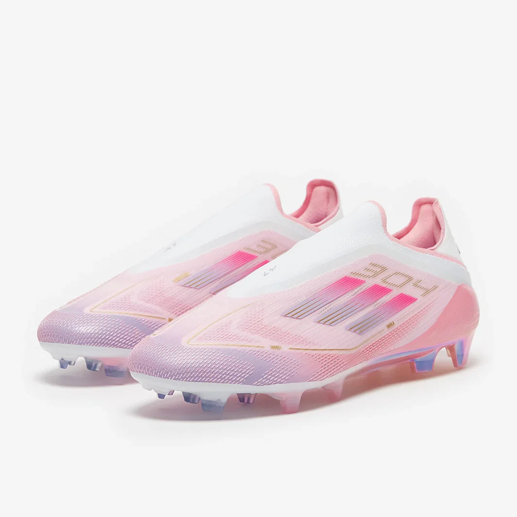 Soccer cleats F50 Elite FG laceless Lamine Yamal LY304 by WorldClassCleats, showing sleek black and red design with cleat studs on the sole.