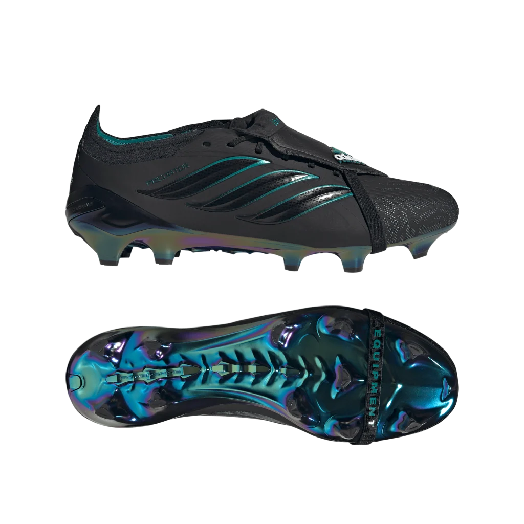 adidas Predator Elite EQT FT FG soccer cleats by WorldClassCleats, side view showing black and green design with textured upper