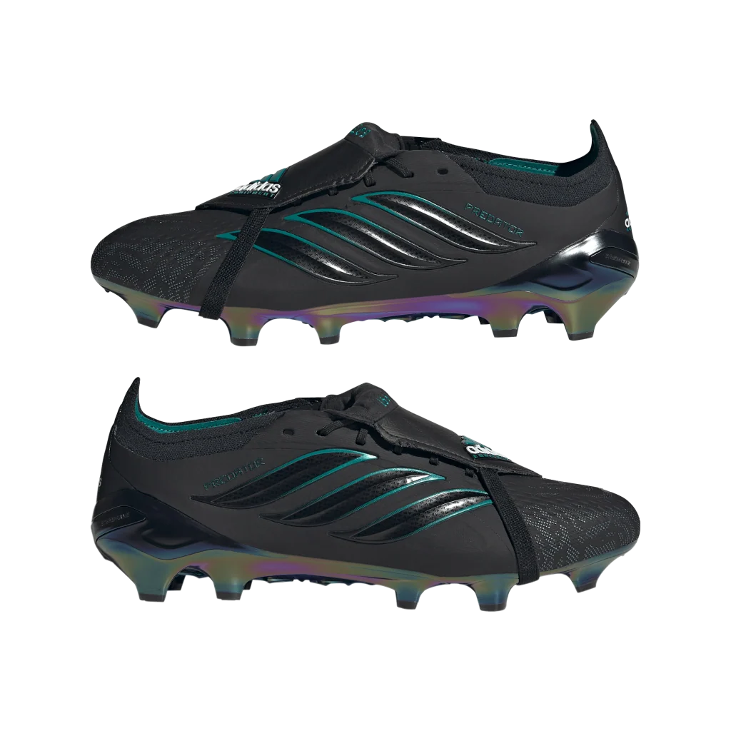Pair of adidas Predator Elite EQT FT FG soccer cleats in limited edition, featuring black and white design with textured upper.