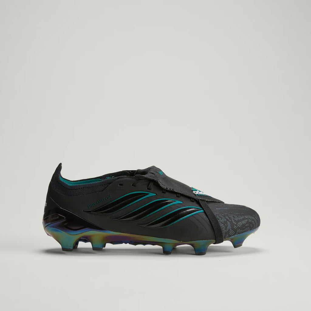 Black Adidas Predator Elite EQT FT FG soccer cleats with fold-over tongue and firm ground studs, designed for optimal performance.