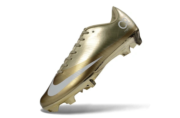 Mercurial Superfly 1 CR7 metallic gold World Cup Edition soccer cleats with laces by WorldClassCleats on a white background.