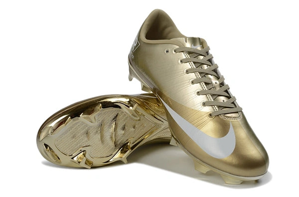 WorldClassCleats Mercurial Superfly 1 CR7 metallic gold soccer cleats with laces, designed for optimal performance on the field.