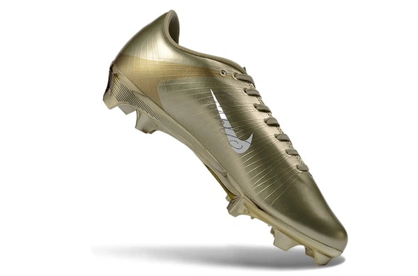 WorldClassCleats Mercurial Superfly 1 CR7 metallic gold soccer cleats with laces, designed for optimal performance on the field.