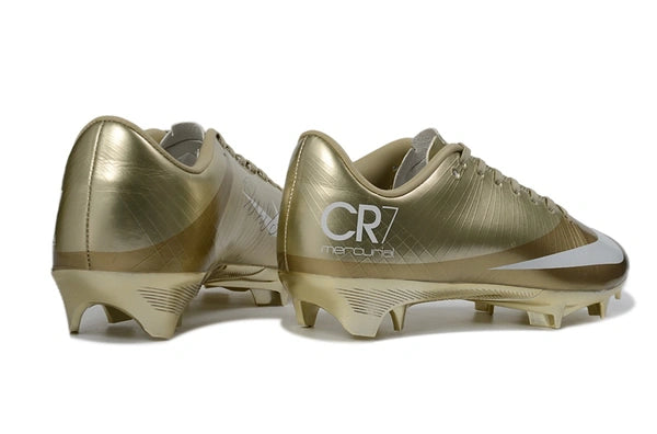 Silver and gold Mercurial Superfly 1 CR7 World Cup Edition soccer cleats with laces from WorldClassCleats, designed for optimal performance.