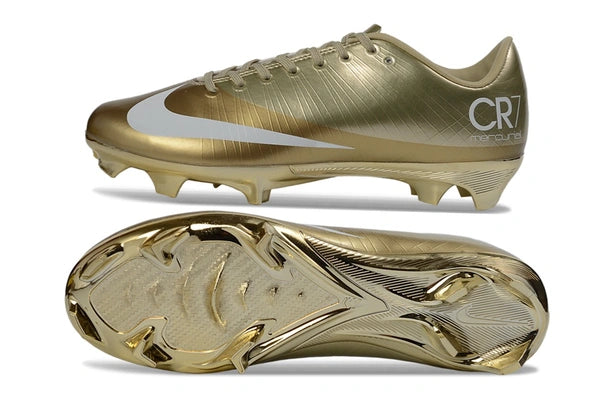 WorldClassCleats Mercurial Superfly 1 CR7 metallic gold soccer cleats with laces, designed for optimal performance on the field.