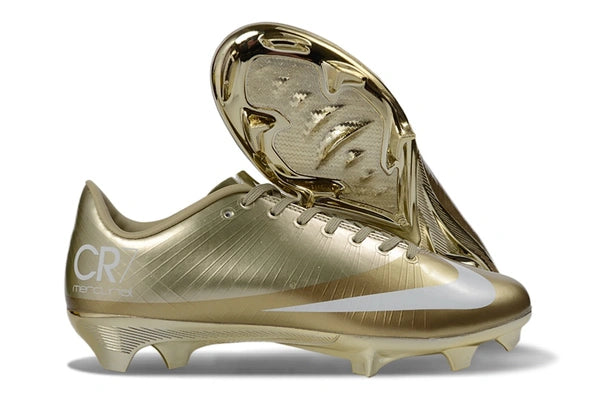 WorldClassCleats Mercurial Superfly 1 CR7 metallic gold soccer cleats with laces, designed for optimal performance.