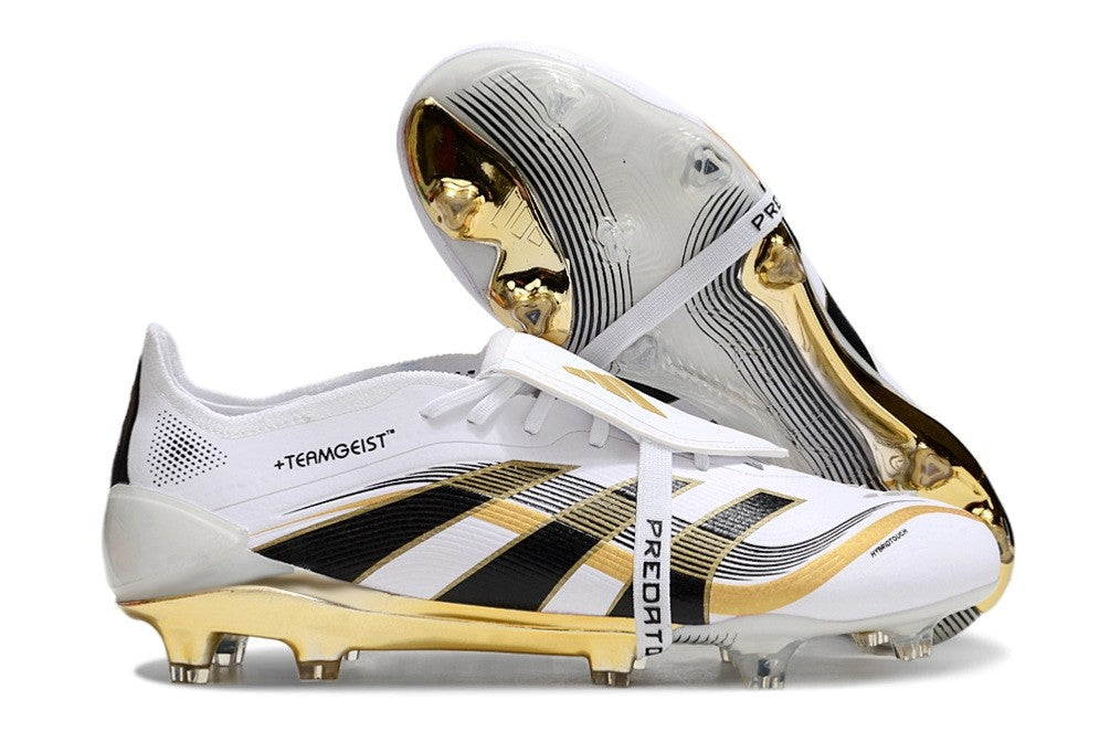 Adidas Predator Teamgeist Pack Elite FT soccer cleats in white, black, and metallic gold with tongue design for firm ground.