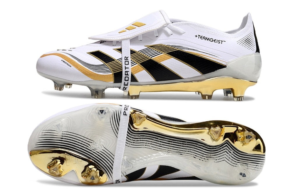 Adidas Predator Teamgeist Pack Elite FT soccer cleats with white, black, and metallic gold design, featuring a firm ground soleplate.