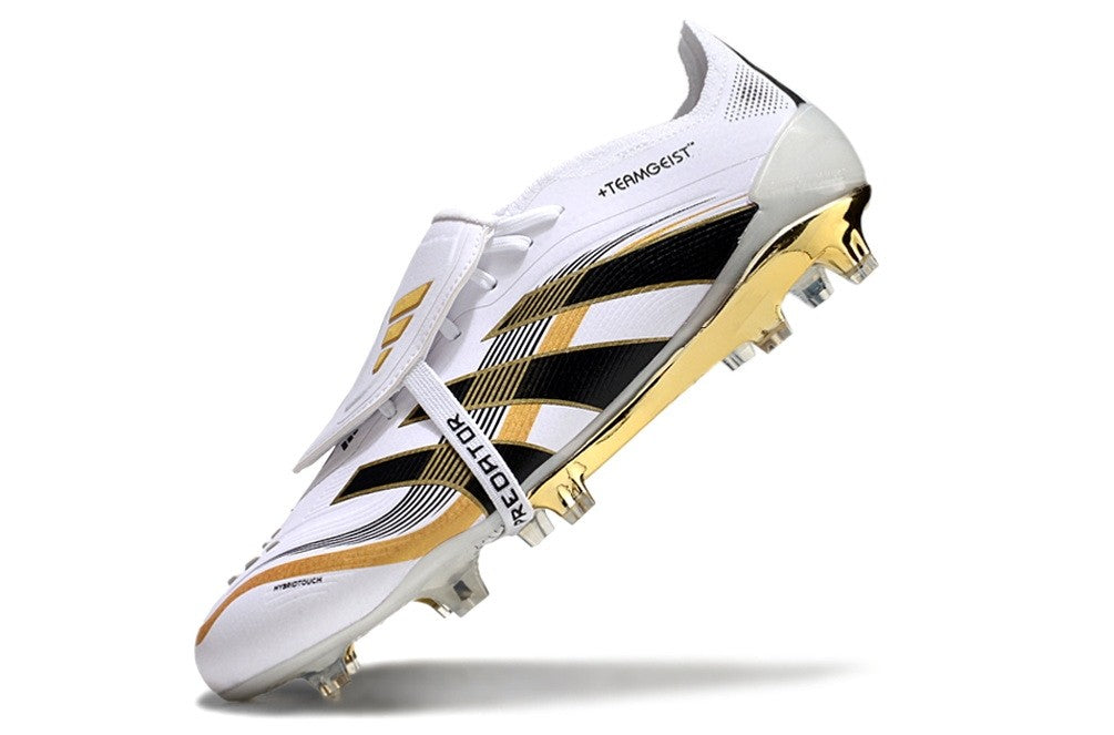 Adidas Predator Teamgeist Pack Elite FT soccer cleats in white, black, and metallic gold with a tongue design, ideal for firm ground.