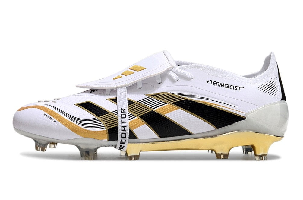Adidas Predator Teamgeist Pack Elite FT soccer cleats in white, black, and metallic gold with a firm ground sole for outdoor play.