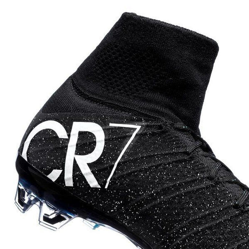 Nike Mercurial Superfly 4 CR7 Galaxy Edition Elite FG soccer cleats in black and galaxy-inspired design with orange accents.