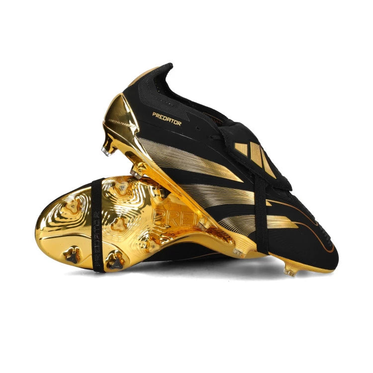 Black and gold Jude Bellingham x adidas Predator Elite FT FG soccer cleats by WorldClassCleats, showing detailed design and branding.