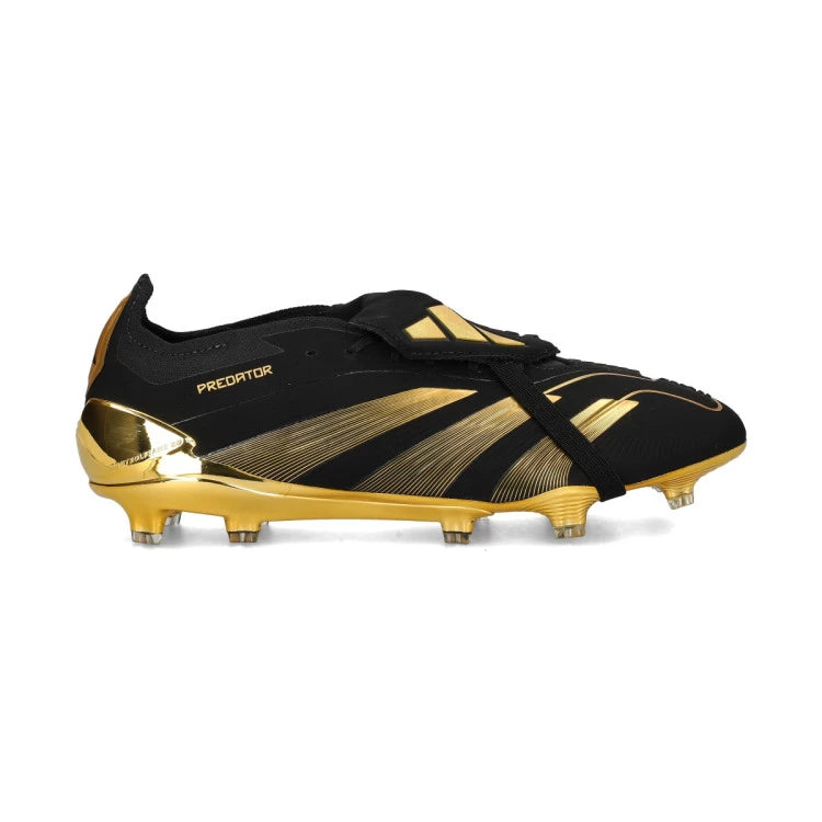 Black and gold Jude Bellingham adidas Predator Elite FT FG soccer cleats with sleek design and branding, ideal for football players.