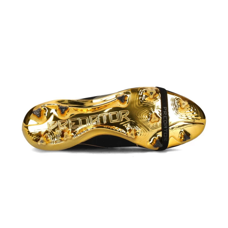 Black and gold Jude Bellingham x adidas Predator Elite FT FG soccer cleats by WorldClassCleats, showcasing sleek design and branding.