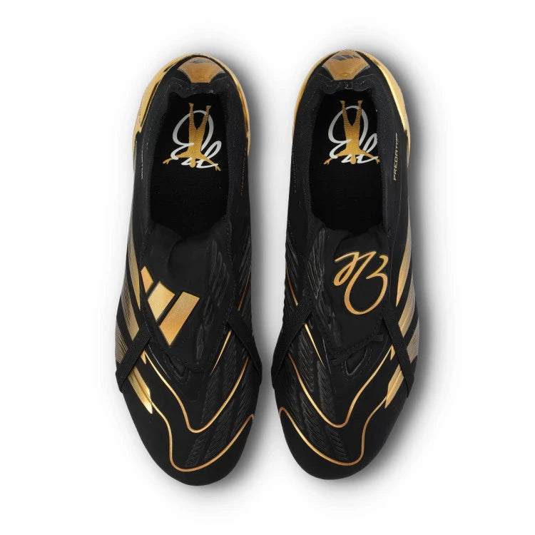 Jude Bellingham x adidas Predator Elite FT FG soccer cleats in black and gold with WorldClassCleats branding, shown on a plain background.
