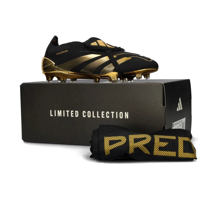 Black and gold Jude Bellingham x adidas Predator Elite FT FG soccer cleats by WorldClassCleats, featuring detailed design and rugged outsole.