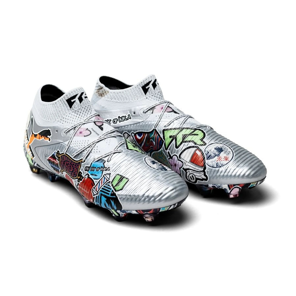 Unisport x PUMA Future 8 Ultimate FG soccer cleats with stickerbomb design in silver, black, red, and ultra blue by WorldClassCleats