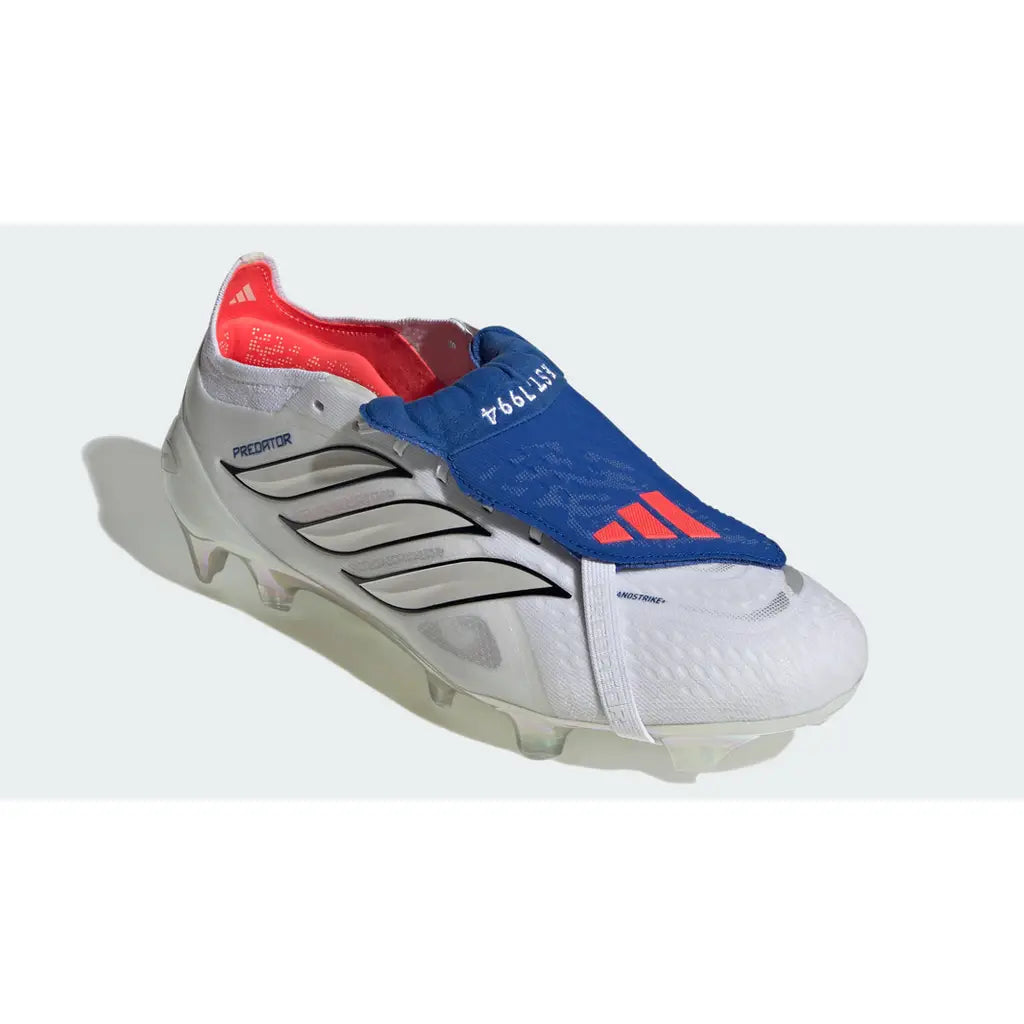 White Jude Bellingham adidas Predator Elite FT FG soccer cleats by WorldClassCleats, front view showing detailed design and branding
