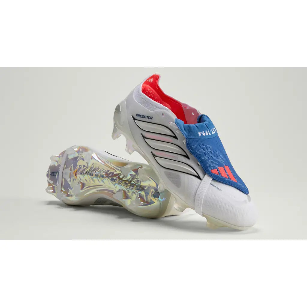 Jude Bellingham x adidas Predator Elite FG white soccer cleats on a lifestyle background, showcasing the design and branding details