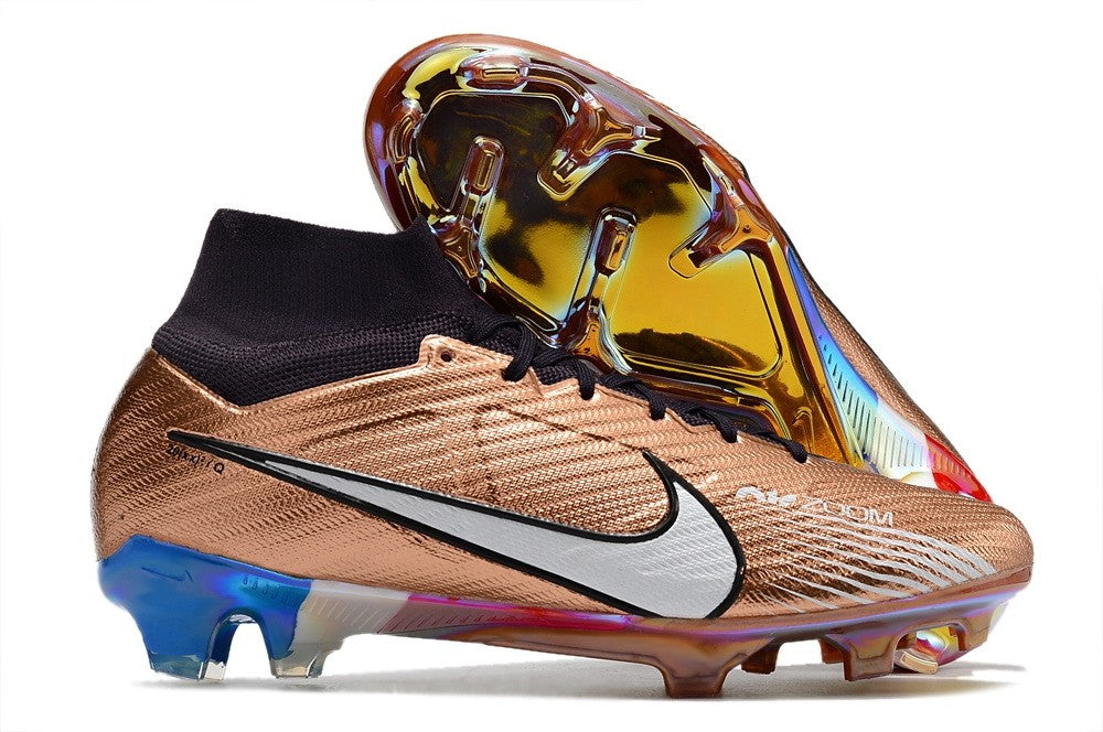 Nike Air Zoom Mercurial Superfly 9 Elite FG Mbappe soccer cleats in metallic copper and black, designed for speed and agility.