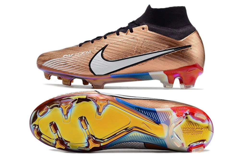 Nike Air Zoom Mercurial Superfly 9 Elite FG Mbappe soccer cleats in metallic copper and black, designed for speed on firm ground.