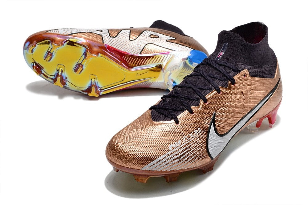 Nike Air Zoom Mercurial Superfly 9 Elite FG Mbappe soccer cleats in metallic copper and black, showcasing sleek design and textured upper.