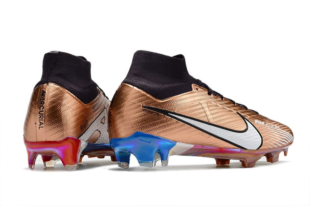 Nike Air Zoom Mercurial Superfly 9 Elite FG Mbappe soccer cleats in metallic copper and black on a field surface
