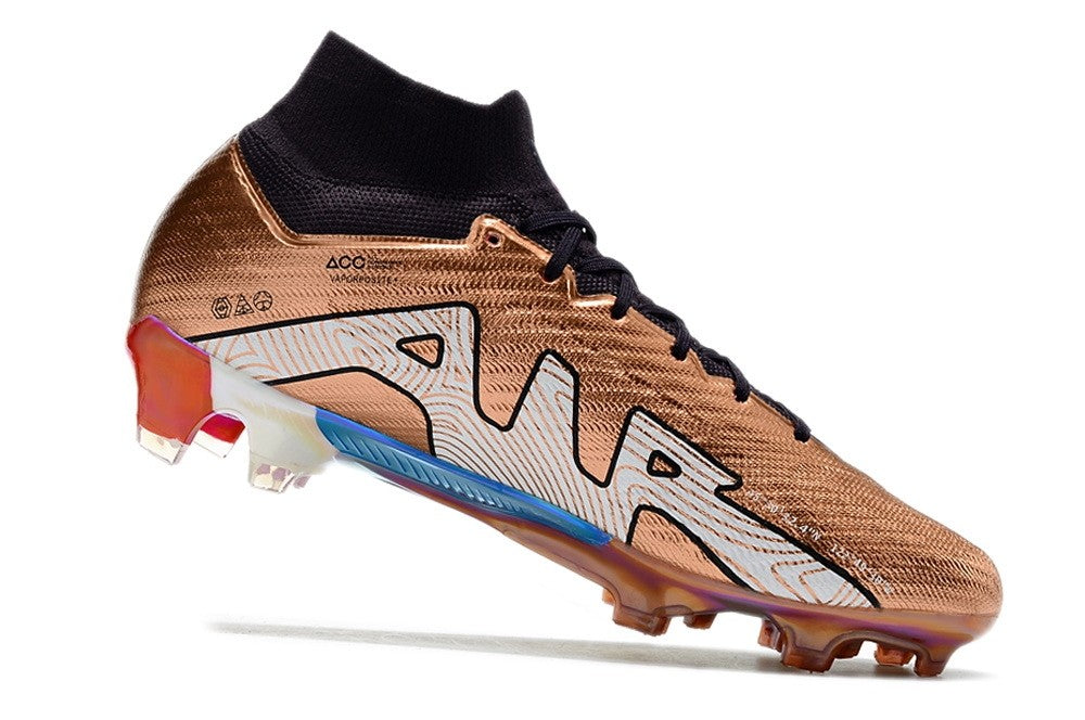 Nike Air Zoom Mercurial Superfly 9 Elite FG Mbappe soccer cleats in metallic copper and black, designed for speed and agility.