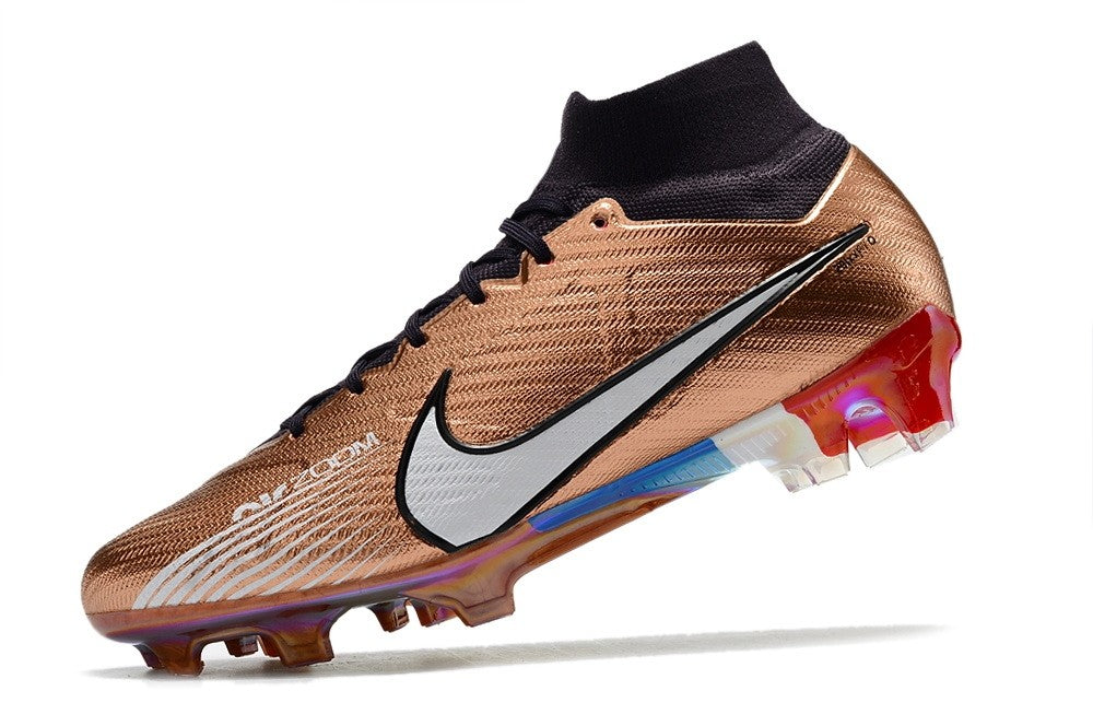 Nike Air Zoom Mercurial Superfly 9 Elite FG Mbappe soccer cleats in metallic copper and black, designed for elite performance.