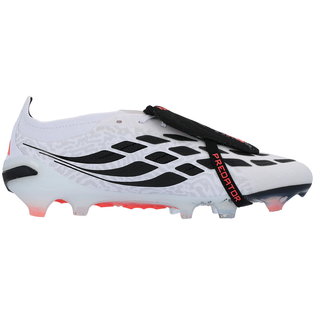 White adidas Predator Elite FT FG soccer cleats with solar turbo and black accents, featuring textured uppers and studded soles.