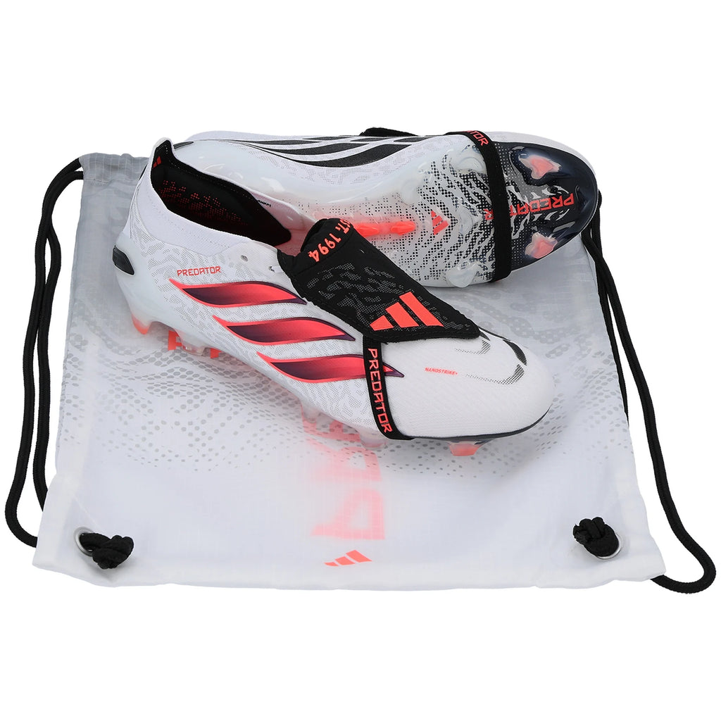 adidas Predator Elite FT FG white, solar turbo, and core black soccer cleats with textured upper and firm ground studs.